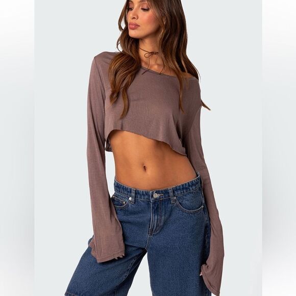Edikted Tops - NEW Edikted Sheer Raw Hem Long Sleeve Crop Top Brown Women’s Small